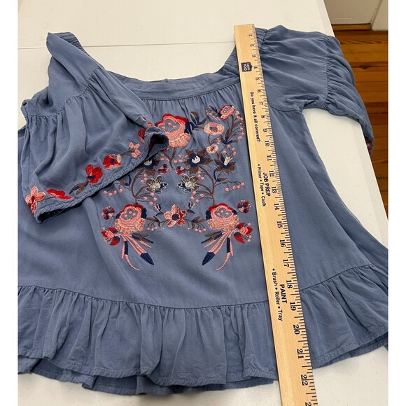 Umgee Blue Off Shoulder Embroidered Floral Ruffle Top - Women's M - Picture 8 of 9
